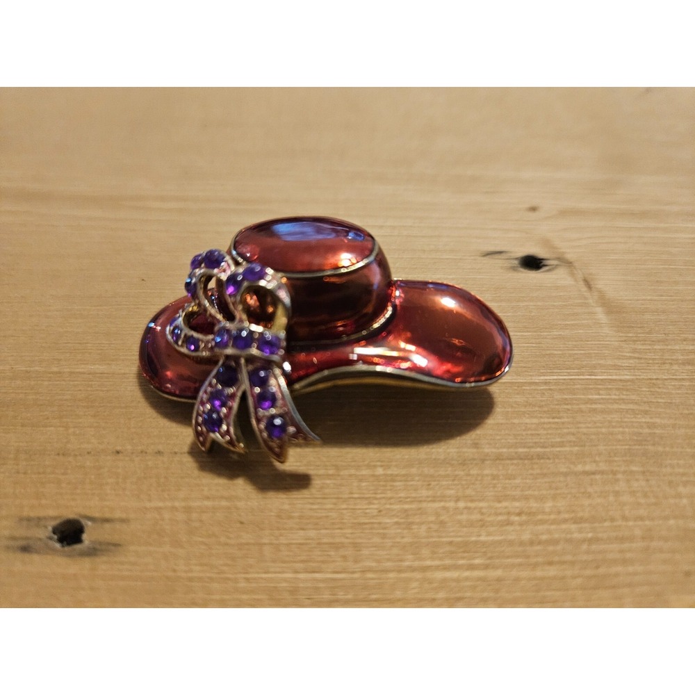 Hat Pin‎ Brooch Purple Rhinestone Bow Red Enamel Gold Tone VINTAGE